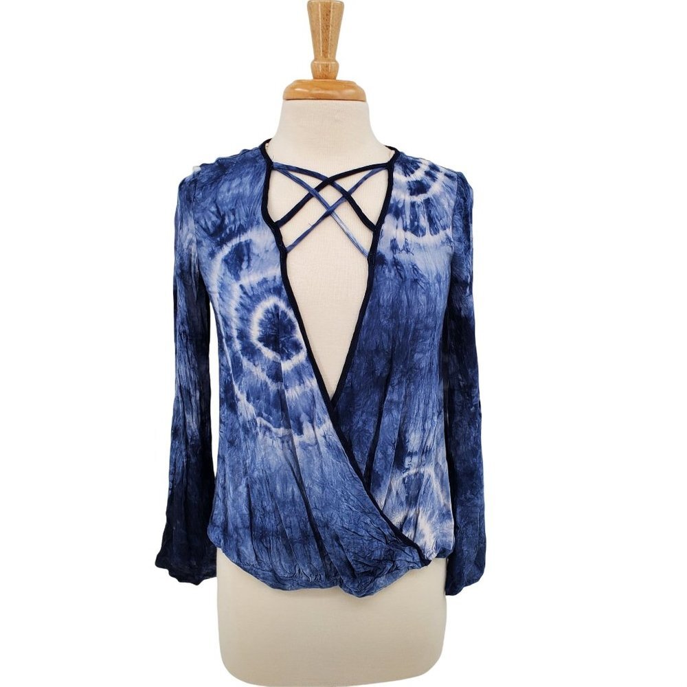 Womens Blue Tie Dye Faux Wrap Blouse Size S‎ Long Sleeve Criss Cross V-Neck